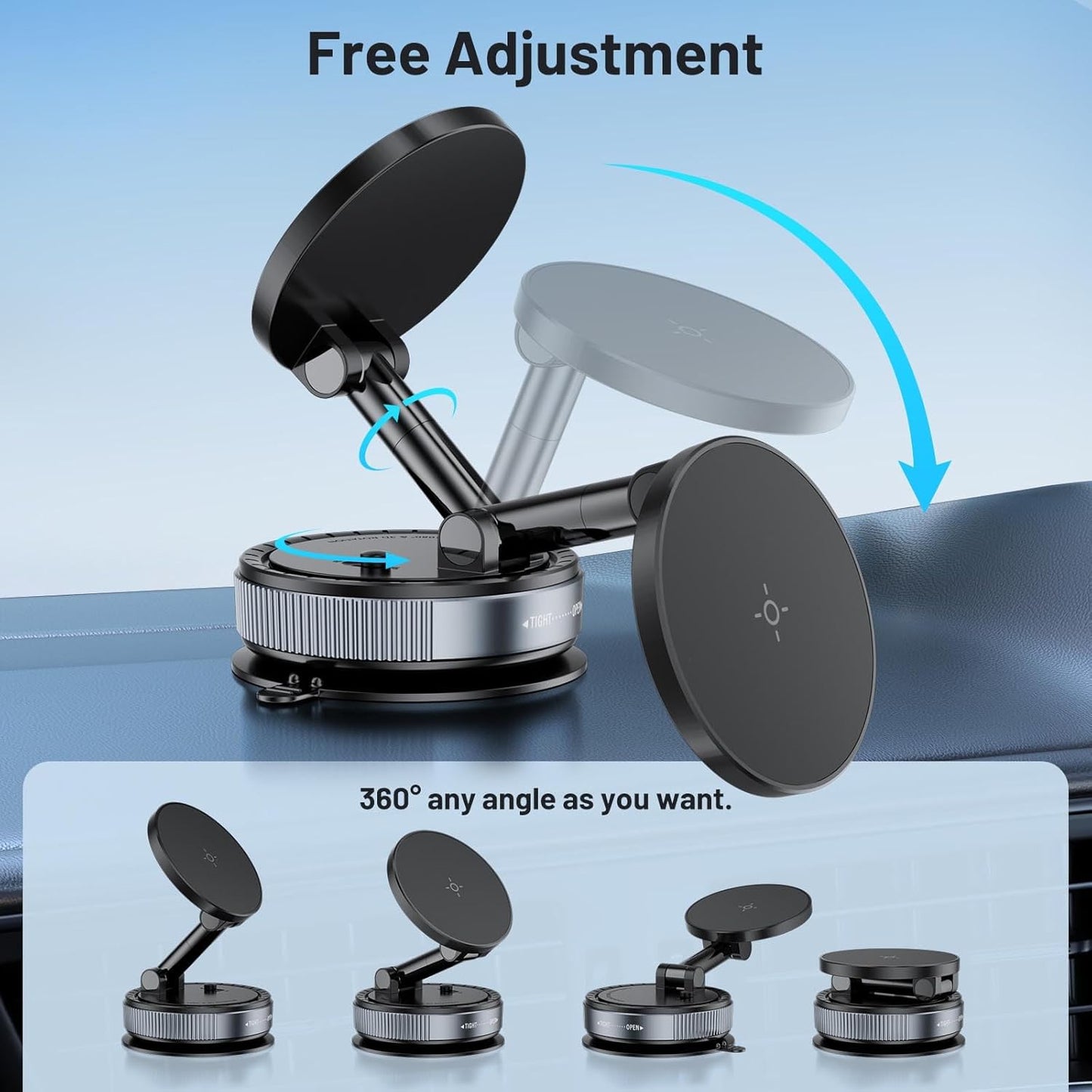 Magnetic Phone Holder for Car, Suction Cup Phone Mount, Foldable Vacuum Magnetic Phone Holder with Adjustable Swivel Lock, 360°Adjustable Phones Stand for All Smartphones,Cars, Trucks,Home,Gym