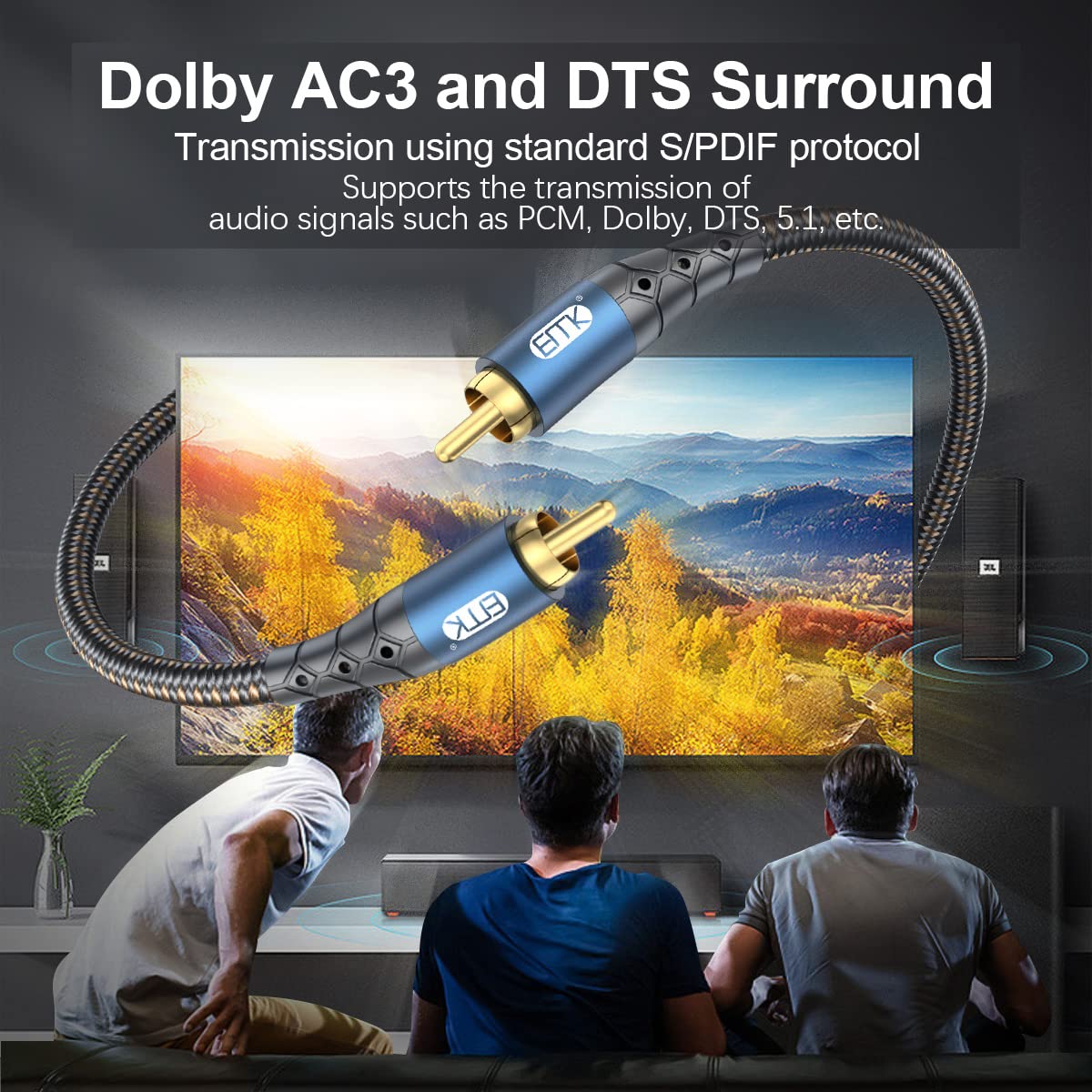 EMK Subwoofer Cable RCA to RCA Audio Cable 24K Gold-Plated Nylon Braided Double Shielded Digital Analogue Supports Amplifiers,Home Theater,Hi-Fi Systems,Subwoofer(10ft/3m)