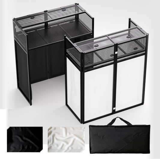Portable DJ Booth Table,Foldable DJ Table Stand with White & Black Scrim,Adjustable DJ Facade Booth Station Metal Frame with Cable Hole for Private Events, Clubs, Bars (40x20 Double Deck)