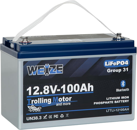 Weize 12V 100Ah TM Bluetooth LiFePO4 Lithium Battery, Built-in 120A BMS, Low-Temp Protection Group 31 Deep Cycle 500A/3S Peak Discharge Battery for Trolling Motor, Marine, Boat, RV, Solar