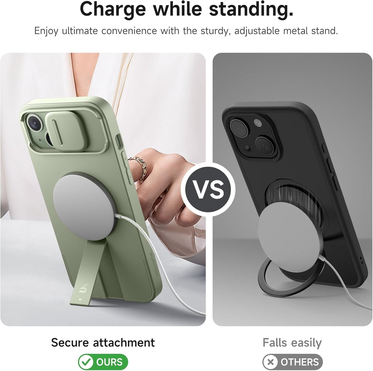 SURITCH for iPhone 14 Plus/15 Plus Case with Magnetic Camera Slide Cover and Adjustable Kickstand, Compatible with MagSafe, Shockproof Bumper Case Slim Protective Cover 6.7 Inch, Green