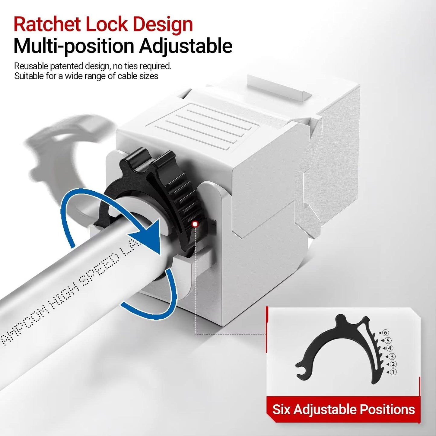 AMPCOM CAT6 RJ45 Keystone Jack - Reusable UTP Ethernet Wall Jack with Adjustable Ratchet Lock Design, No Tool and Zip Tie Required - 50u Gold Plated - White (2-Pack)