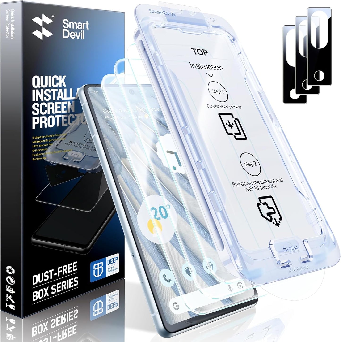 SMARTDEVIL [3+3 Pack for Google Pixel 7A Screen Protector with Camera Lens Protector, Finger Print Reader Compatible, Fast & Easy Installation, Clear 9H Tempered Glass Film, Alignment Frame