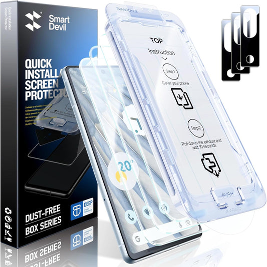 SMARTDEVIL [3+3 Pack for Google Pixel 7A Screen Protector with Camera Lens Protector, Finger Print Reader Compatible, Fast & Easy Installation, Clear 9H Tempered Glass Film, Alignment Frame
