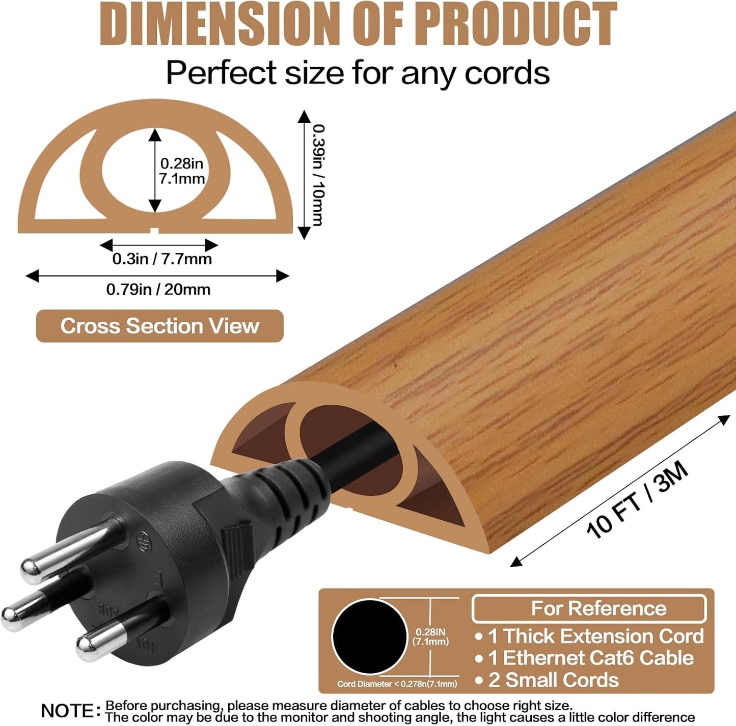 Floor Cord Cover Self Adhesive Cord Hider,10FT Cable Management, Extension Strip Protector for Wires, Prevent Cable Trips for Offices, Gyms, Exhibitions Cavity:0.3"(W) x 0.28"(H) Brown Wood