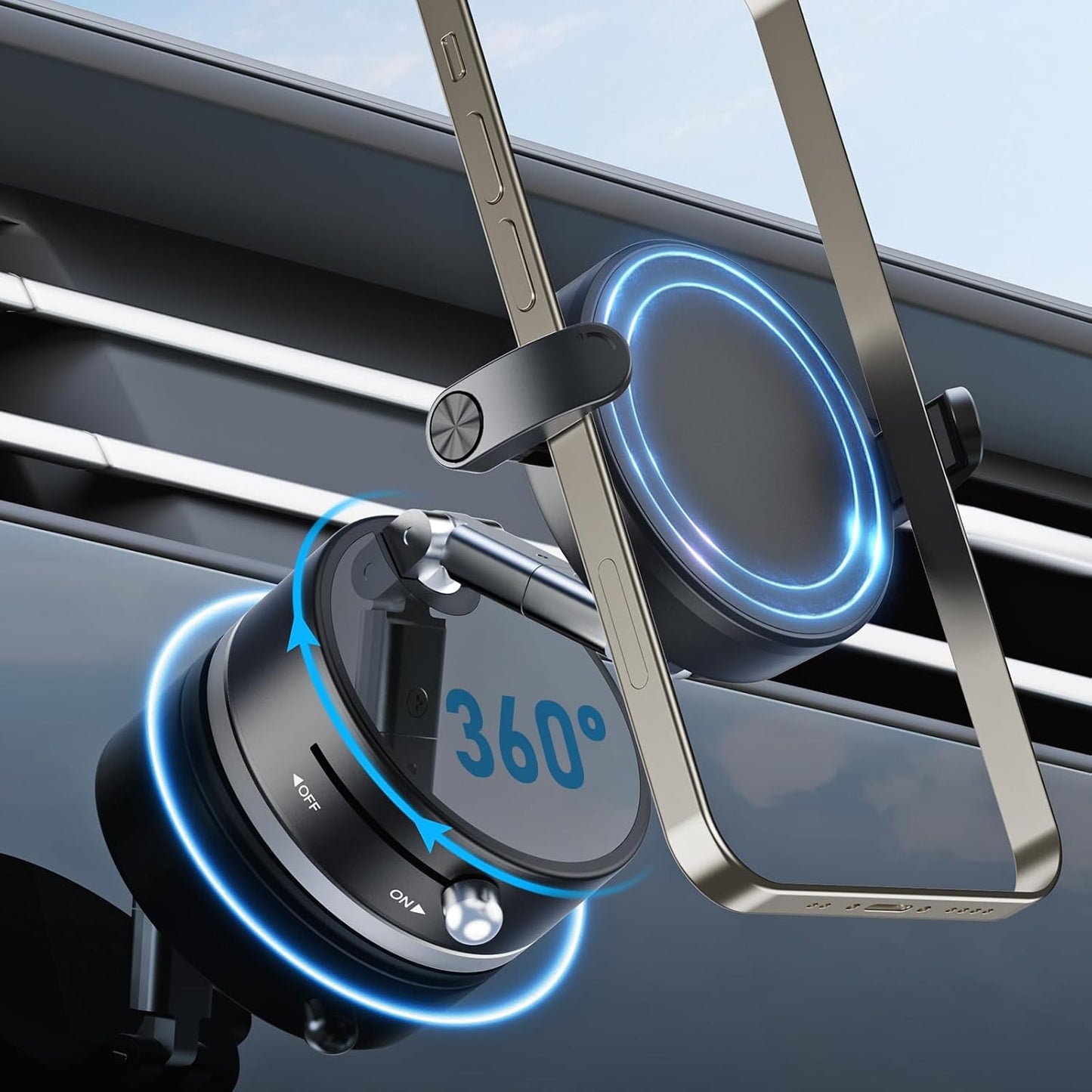 OOCC Magnetic Phone Holders for Your Car, 360°Rotating Adjustable Magsafe Car Phone Mount, Foldable Vacuum Magnetic Car Phone Holder for All Smartphones & All Car Models, Black