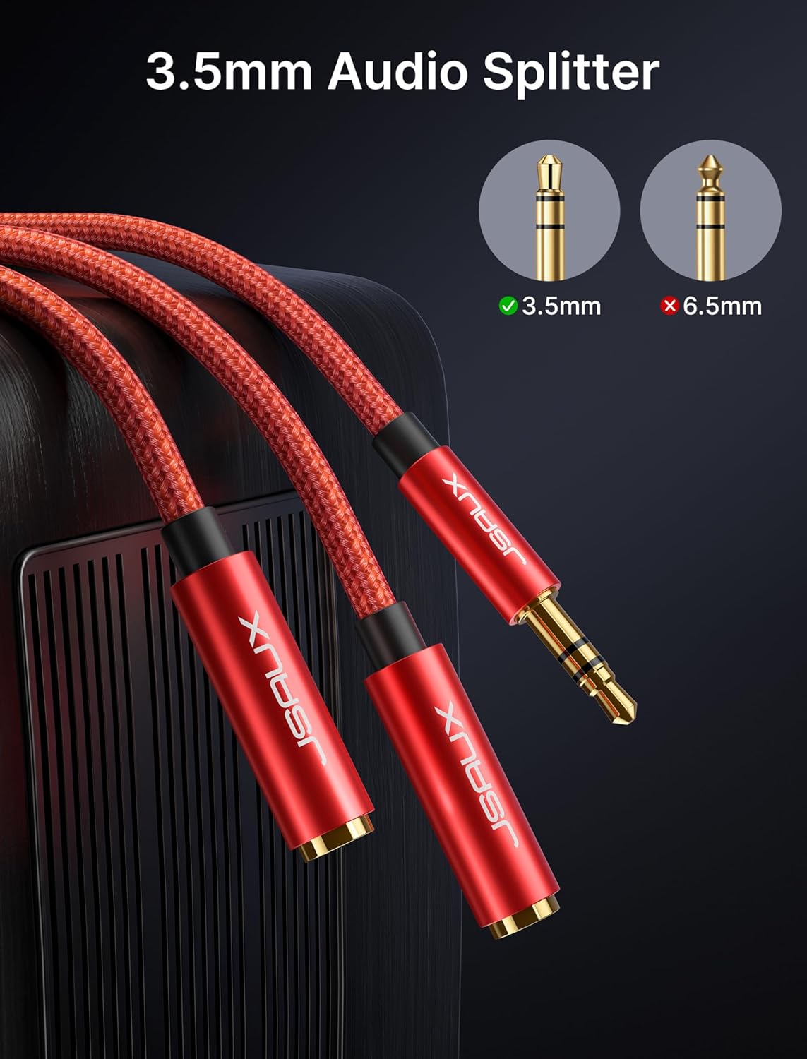 JSAUX Headphone Splitter 3.5mm, Audio Splitter 2 Female to 1 Male, Dual Headphone Adapter Compatible with PS4, PS5, Xbox, Nintendo Switch, PC Gaming Headsets, Phone, Tablet, Laptop and More-Red