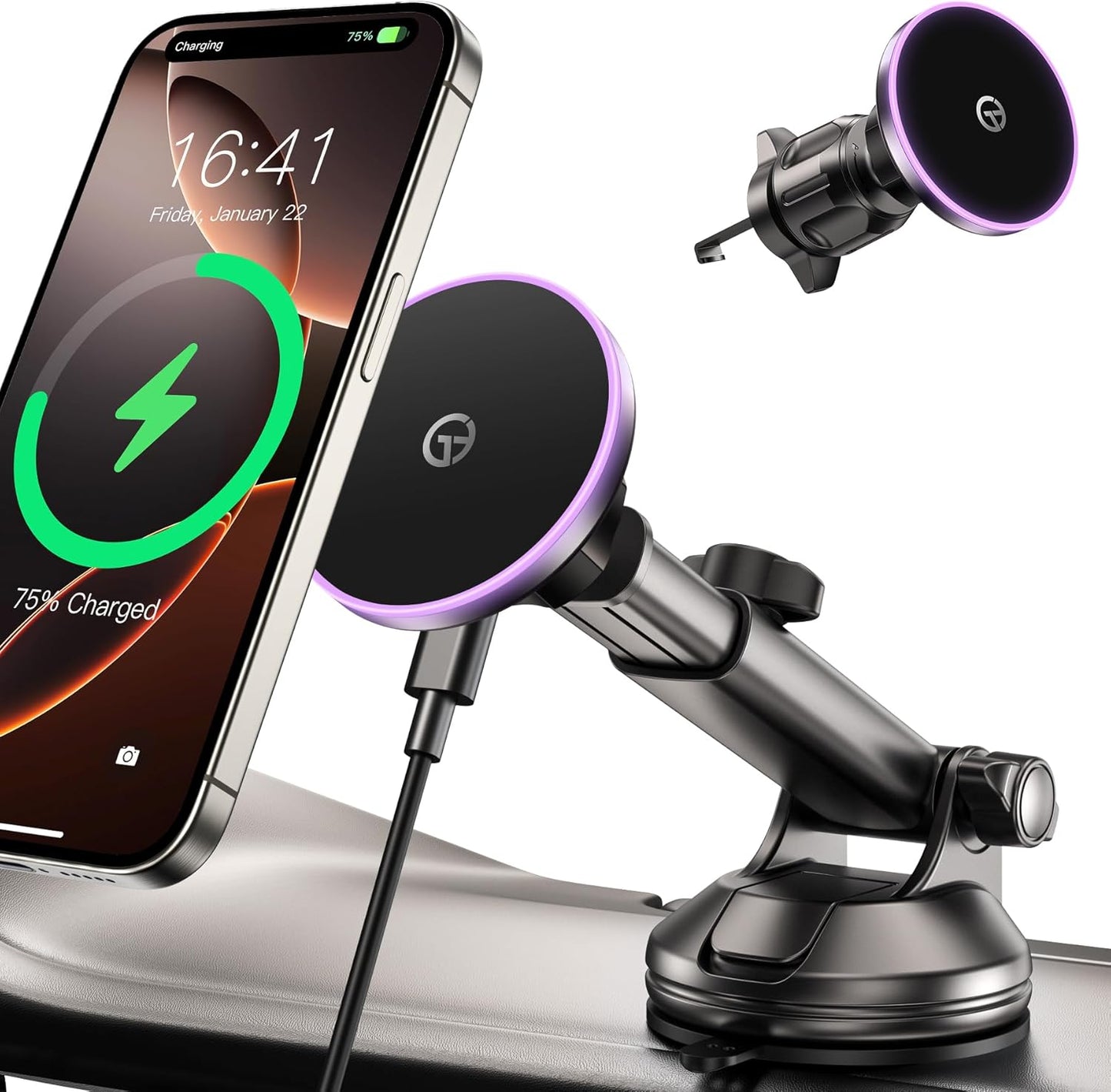 for MagSafe Car Mount Charger Dash Vent Windshield Wireless Car Charger with LED Light, Strong Magnetic Phone Holder for Car for iPhone 16 15 14 13 12 Series, Fit MagSafe Accessories (Purple)