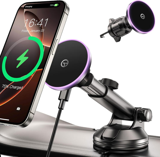 for MagSafe Car Mount Charger Dash Vent Windshield Wireless Car Charger with LED Light, Strong Magnetic Phone Holder for Car for iPhone 16 15 14 13 12 Series, Fit MagSafe Accessories (Purple)