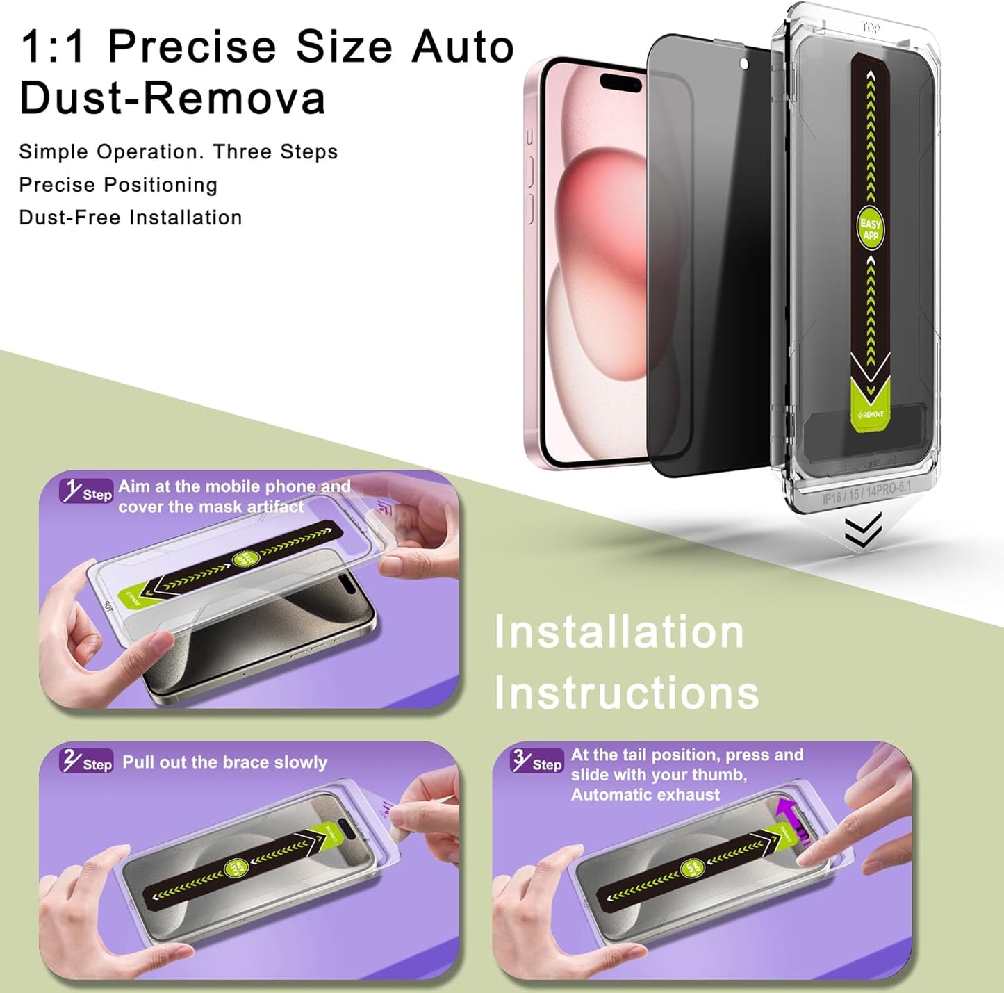 (2-Pack Anti-Spy Privacy Screen Protector for iPhone 14 Pro/15/16(6.1-Inch),9H Tempered Glass,Full Coverage,Anti-Fingerprint,Auto Dust Removal,Bubble-Free,Easy Installation