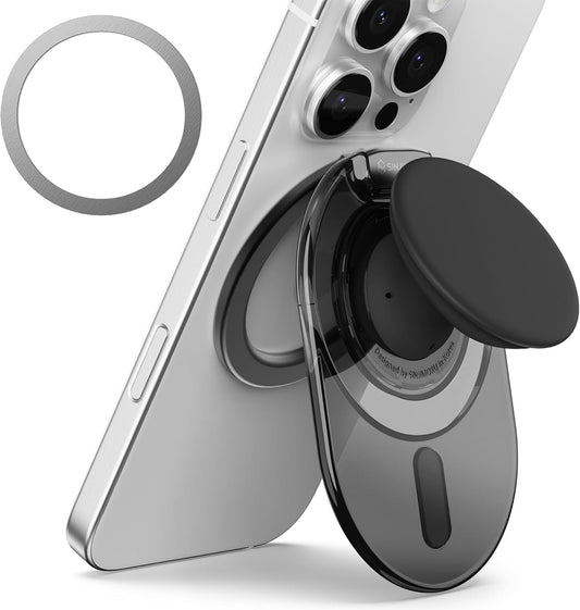 Sinjimoru Phone Grip Stand, Compatible with MagSafe, Adaptor Ring Included, 3000G Kickstand for iPhone 16/15/14/13/12. M-Tap Tok Stand Clear Black