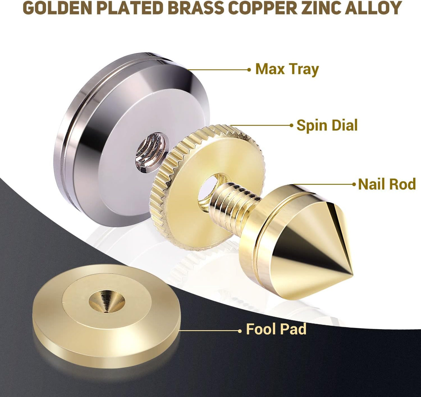 Facmogu 4PCS Golden Speaker Isolation Spikes with Plated Speaker Spikes Pads Mat, Speaker Spikes & Speaker Spike Pad Kit with Double-Sided Adhesive for Subwoofer CD DVD Player Audio Amplifier Recorder