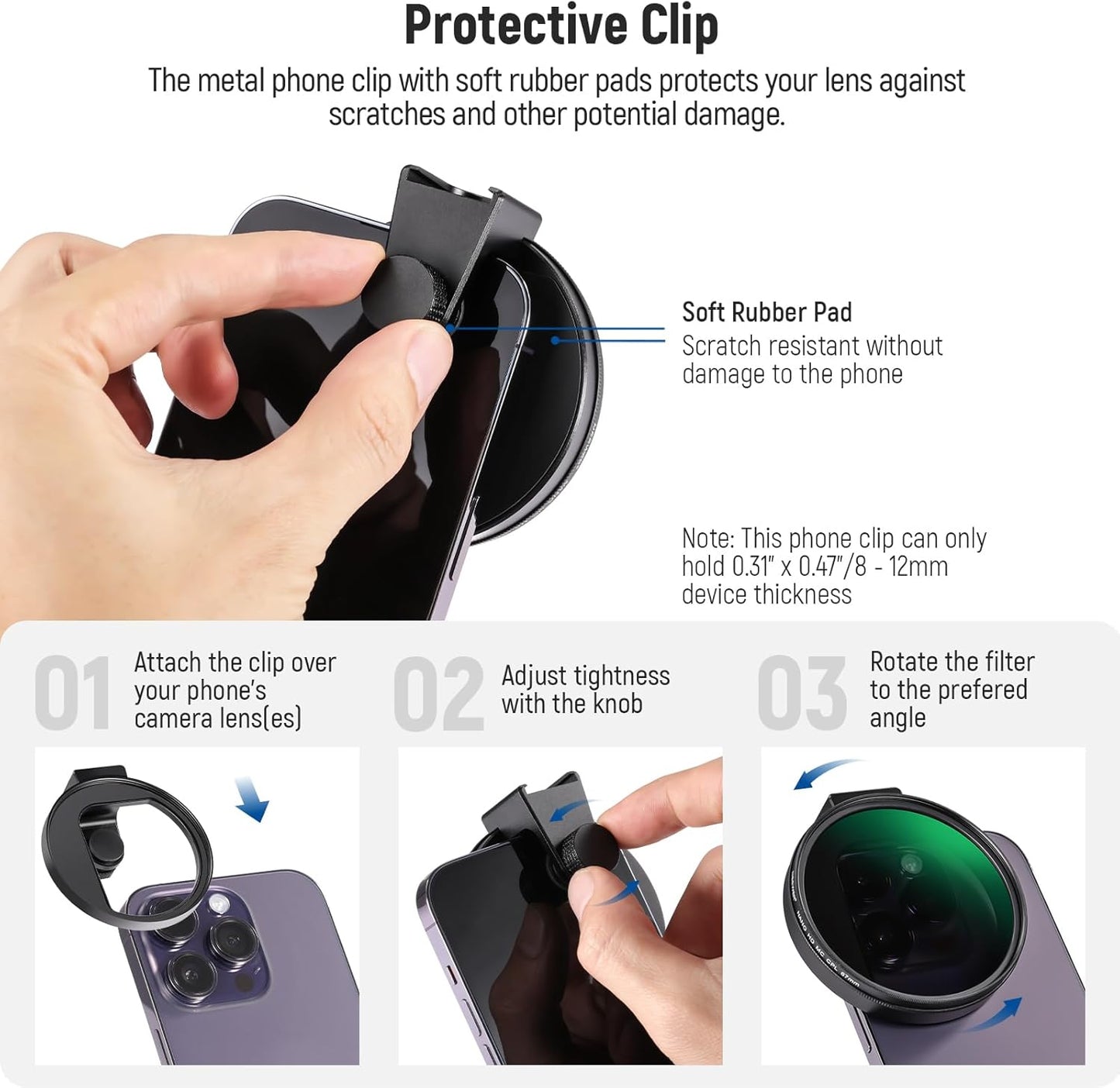 NEEWER CPL Filter for Phone, 67mm Camera Lens Polarizing Filter with Metal Cold Shoe Phone Clip Compatible with iPhone 16 15 Pro Max Plus 14 13 Pro Max Mini 12 11 X XS Max Samsung Galaxy, FL-27