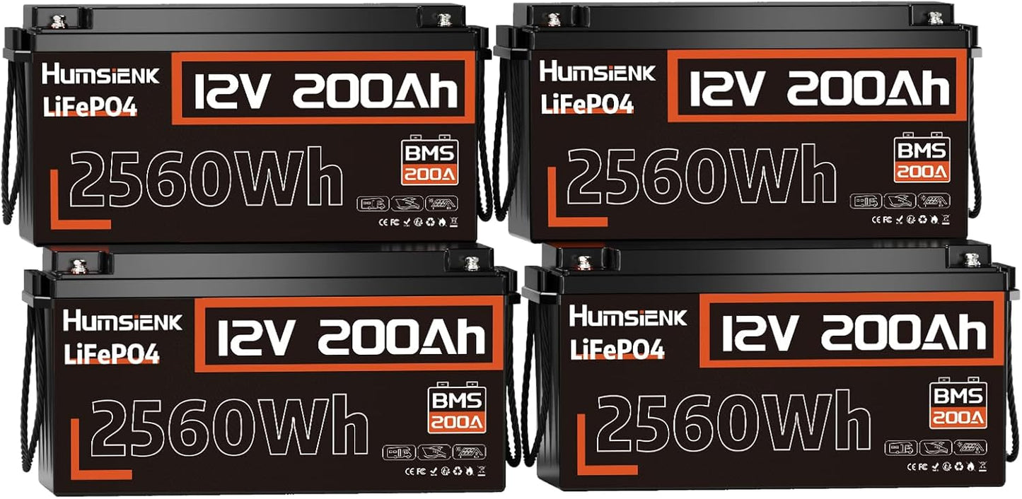 4PACK 12V 200Ah LiFePO4 Battery, Built-in 200A BMS, Rechargeable Deep Cycles DIY Battery, 2560Wh Lithium Battery for Off-Grid and Home Solar System, Marine, Trailer, RV