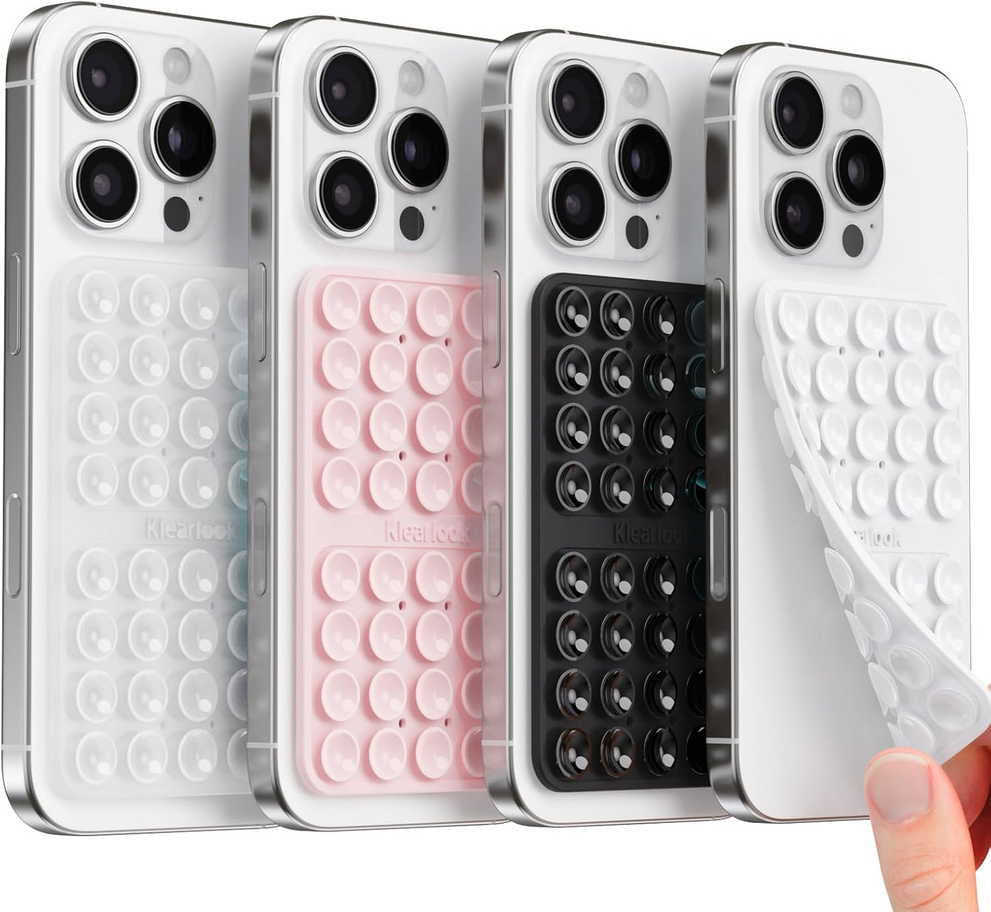 Klearlook 4Pack Silicone Suction Cup Phone Case Mount Double Sided, Sticky Phone Grip for Cell Phone, Hands-Free Phone Accessories for Selfies and Videos, Clear & Light Pink & Black & White