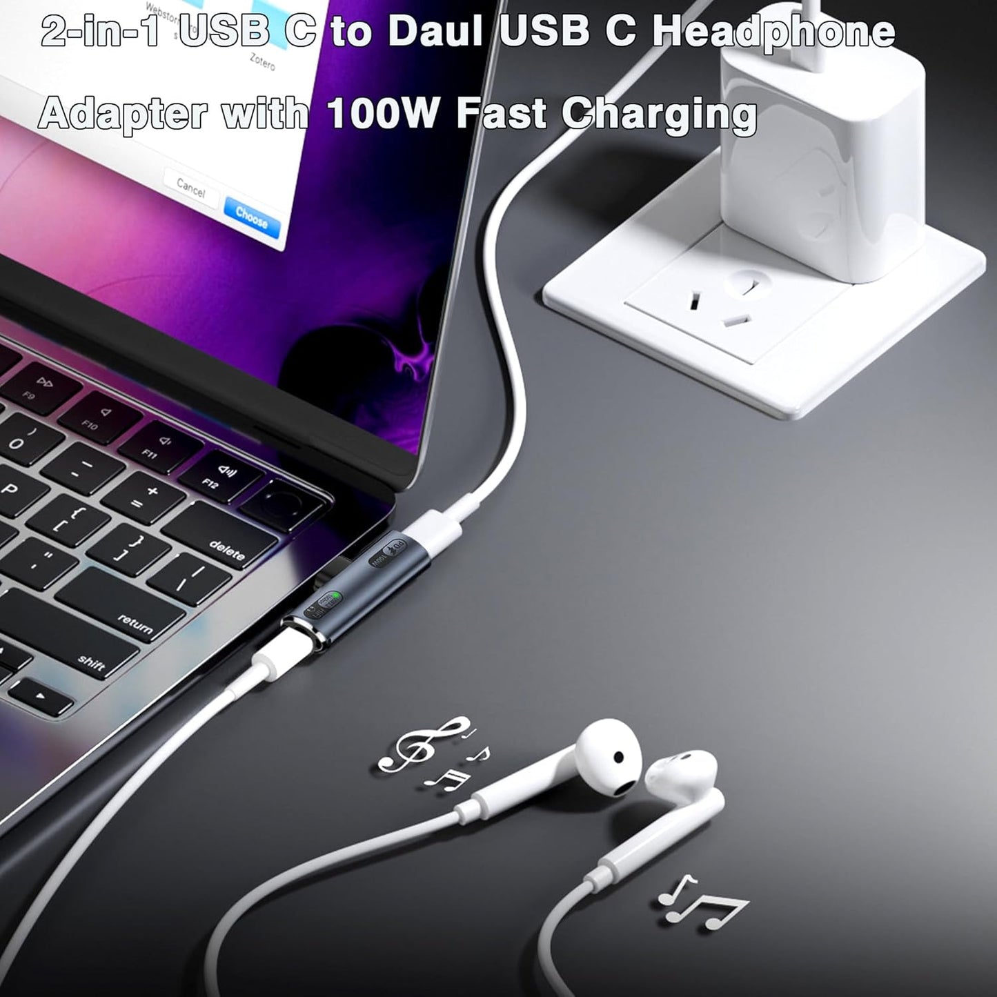 2-in-1 USB-C Splitter with 100W Fast Charging,Dual USB-C Ports for Headphones & Charging Adapter,Compatible with iPhone 16/15 Series,iPad,MacBook,Galaxy S24/S23 (Gray)