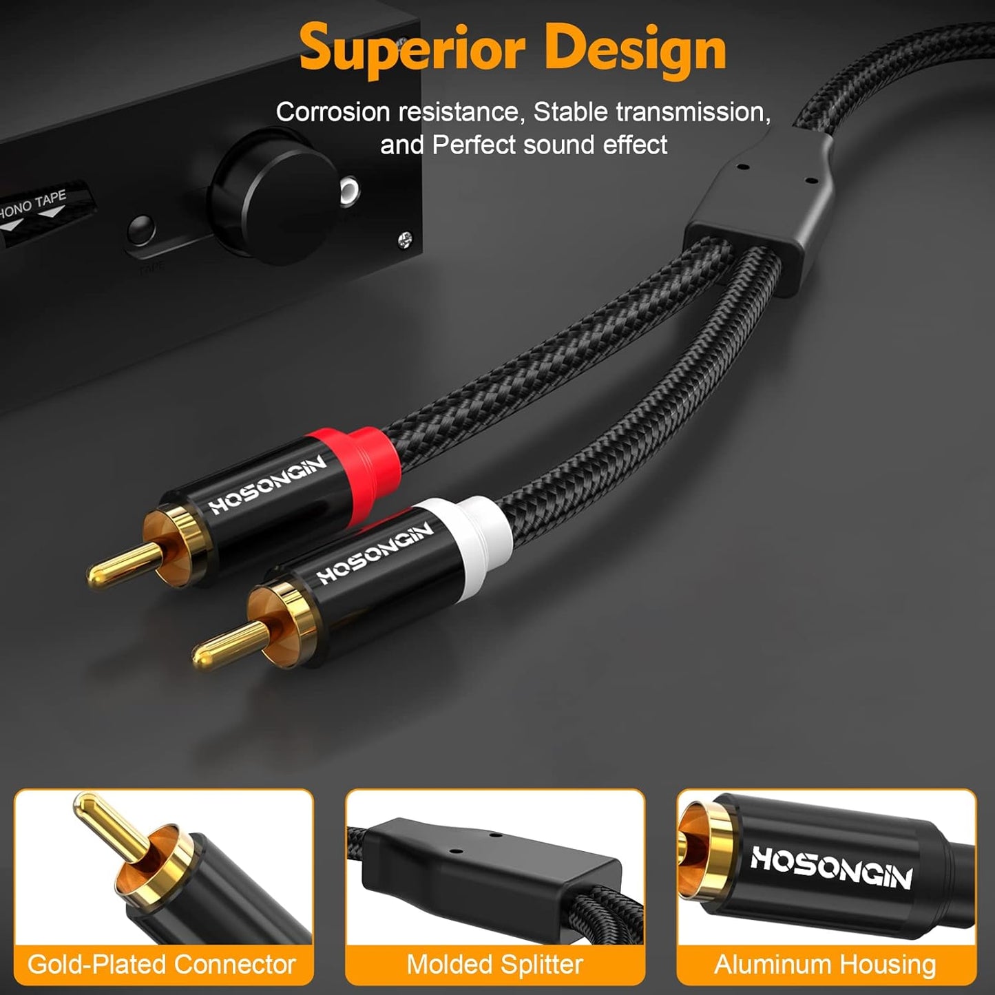 HOSONGIN RCA Cables 15ft 2 Pack[Hi-Fi Sound, Nylon Braided, Shielded], 2-Male to 2-Male RCA Audio Stereo Subwoofer Cable Auxiliary Cord for Home Theater, HDTV, Amplifiers, Hi-Fi Systems, Speakers