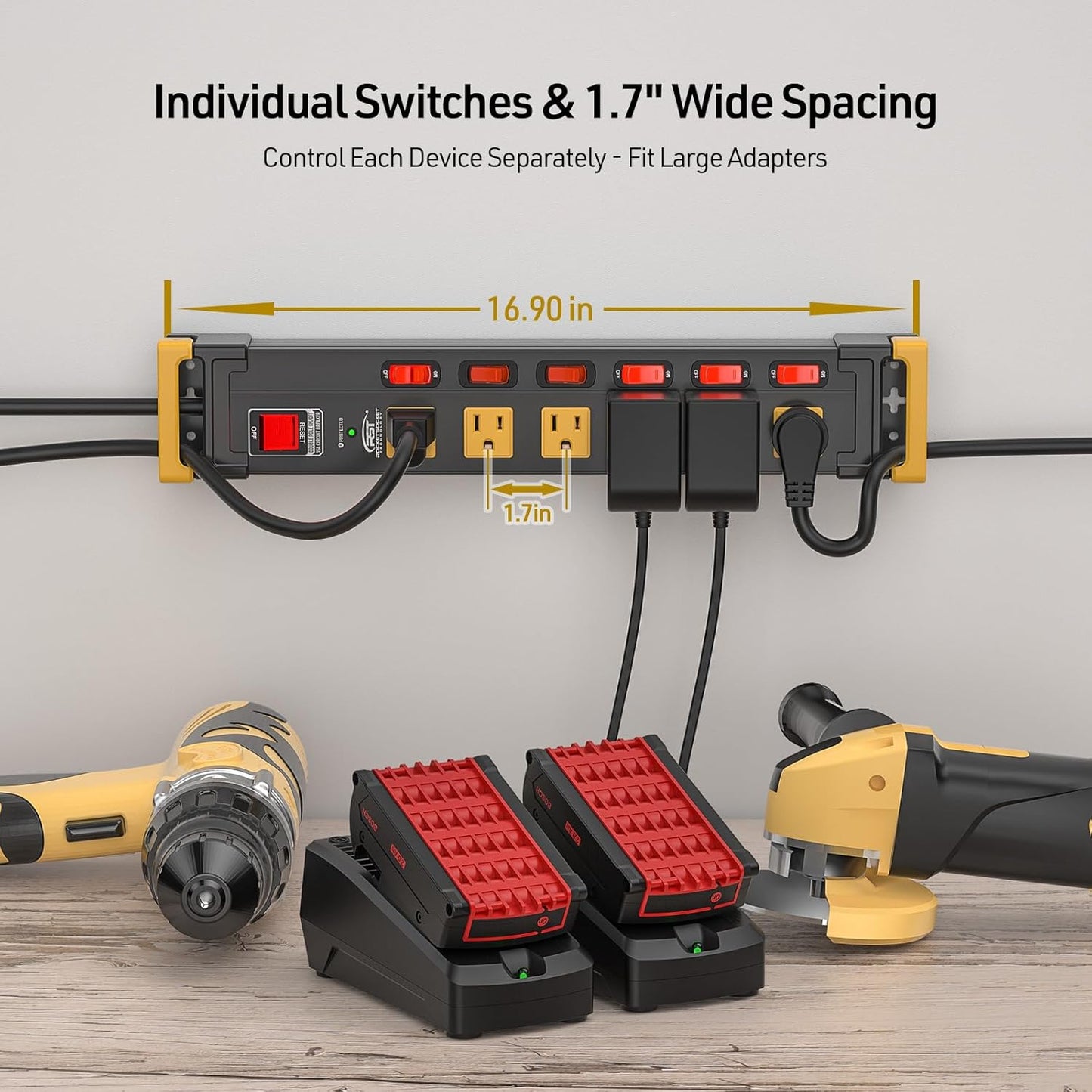 CRST 6 Outlets Wide Spaced Power Strip, Metal Wall Mount Surge Protector Power Strip with Individual Switches and Cord Manager for Garage, Shop, Office, Home. 1020Joules, 15Amp/1875W, 6 FT Cord