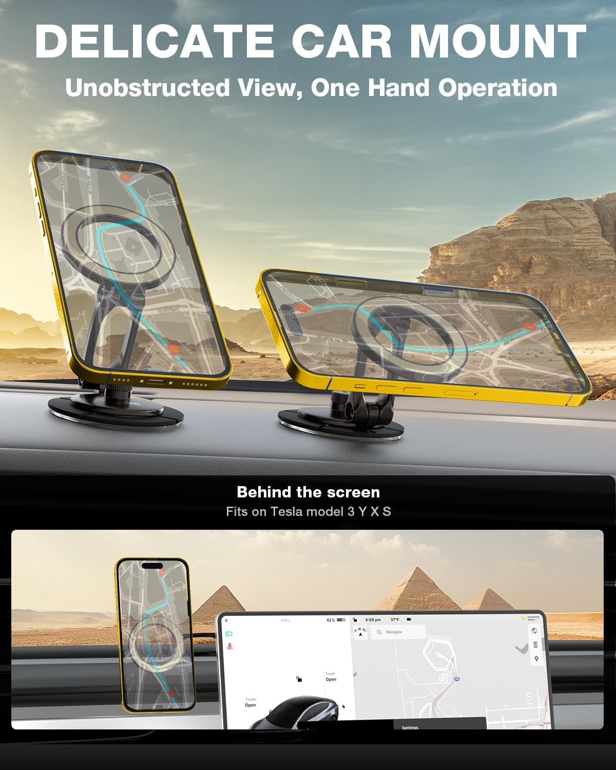 Smolink Tesla Phone Mount, All Metal Strong Magnet Magnetic Phone Holder for Car Dashborad and Tesla Model 3/Y/S/X, Foldable Hidden for MagSafe Car Mount Fit for iPhone All Phones, Beige