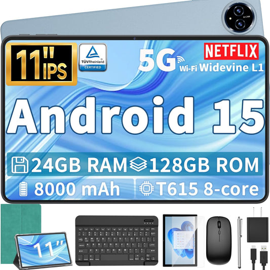 Android 15 Tablet, 11 inch Tablet with Keyboard, 24GB+128GB, 1TB Expand, Octa-Core, 2.4G/5G WiFi, 8000mAh, BT V5.0, GMS Certified, IPS Touch Screen, GPS, 2 in 1 with Case, Mouse, Stylus(Green)