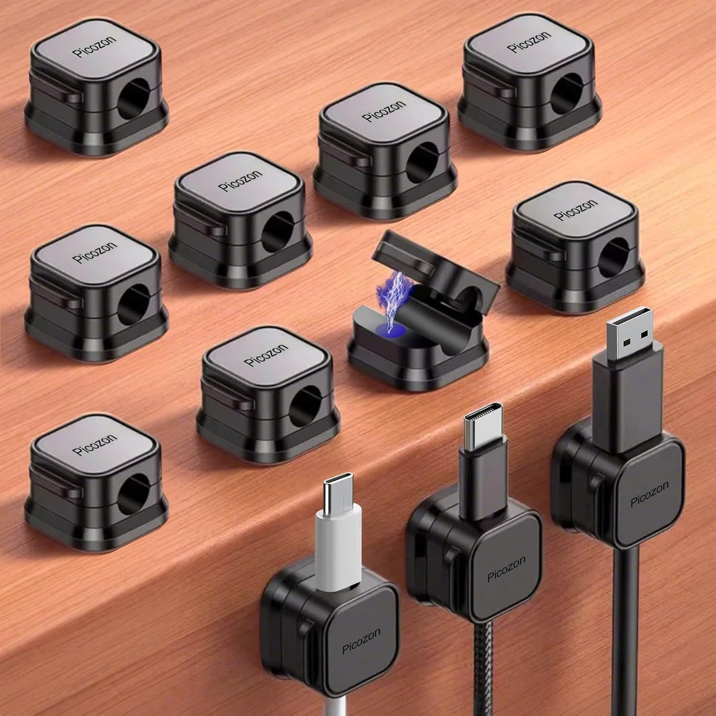 12 Pack Magnetic Cable Clip Organizer Cord Holder, Picozon Adhesive Cable Management, Wire Phone USB Charger Cable Holder Keeper Organizer for Car, Office Home Desktop, Wall, Night Table - Black