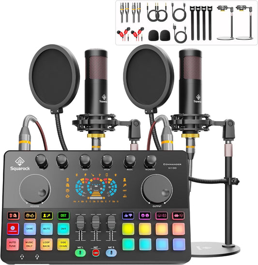 Podcast Equipment Bundle for 2 with Dual 48V XLR Condenser Micophones with Mic Pop Filters Audio Equipment for Live Streaming/ Recording, Online Gaming for Phone/ Laptop/ PC Audio Interface M100