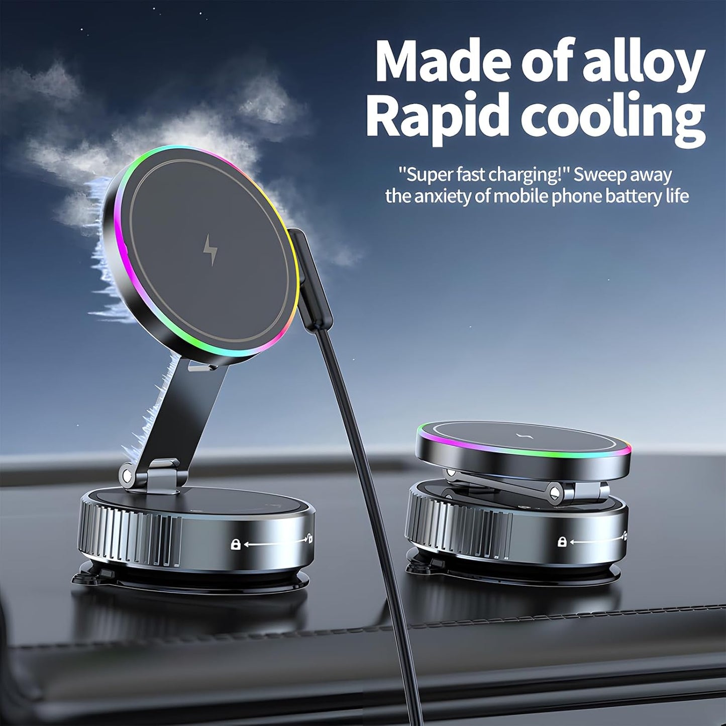 Wireless Charger Car Phone Holder for Magsafe,360°Adjustable Vacuum Magnetic Phone Holder,Nano Gel Suction Cup/RGB Light Suction Cup Mount for Non Smooth Surfaces Compatible iPhone&Android