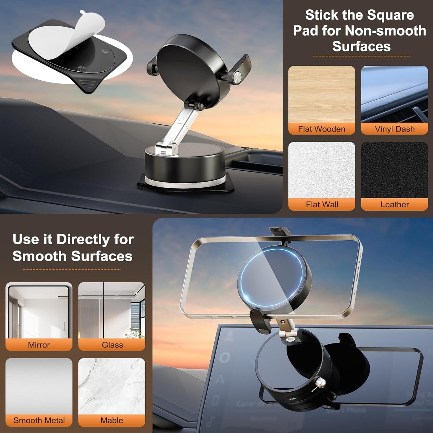 OOCC Magnetic Phone Holders for Your Car, 360°Rotating Adjustable Magsafe Car Phone Mount, Foldable Vacuum Magnetic Car Phone Holder for All Smartphones & All Car Models, Black