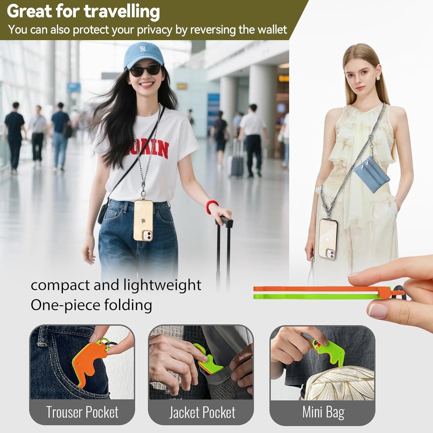 Clip and Go Strap for Phone Silver Metal Chain with Blue Pouch Wallet Crossbody Phone Lanyard for Women with Cell Phone Stand Holder 2 Patches Tether Adjustable Anti Theft for iPhone 16 15 All Phones