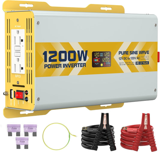 XWJNE 1200W Pure Sine Wave Power Inverter 12V DC to 120V GFCI AC Converter with LCD Display for Home, RV, Truck, Off-Grid Solar Power