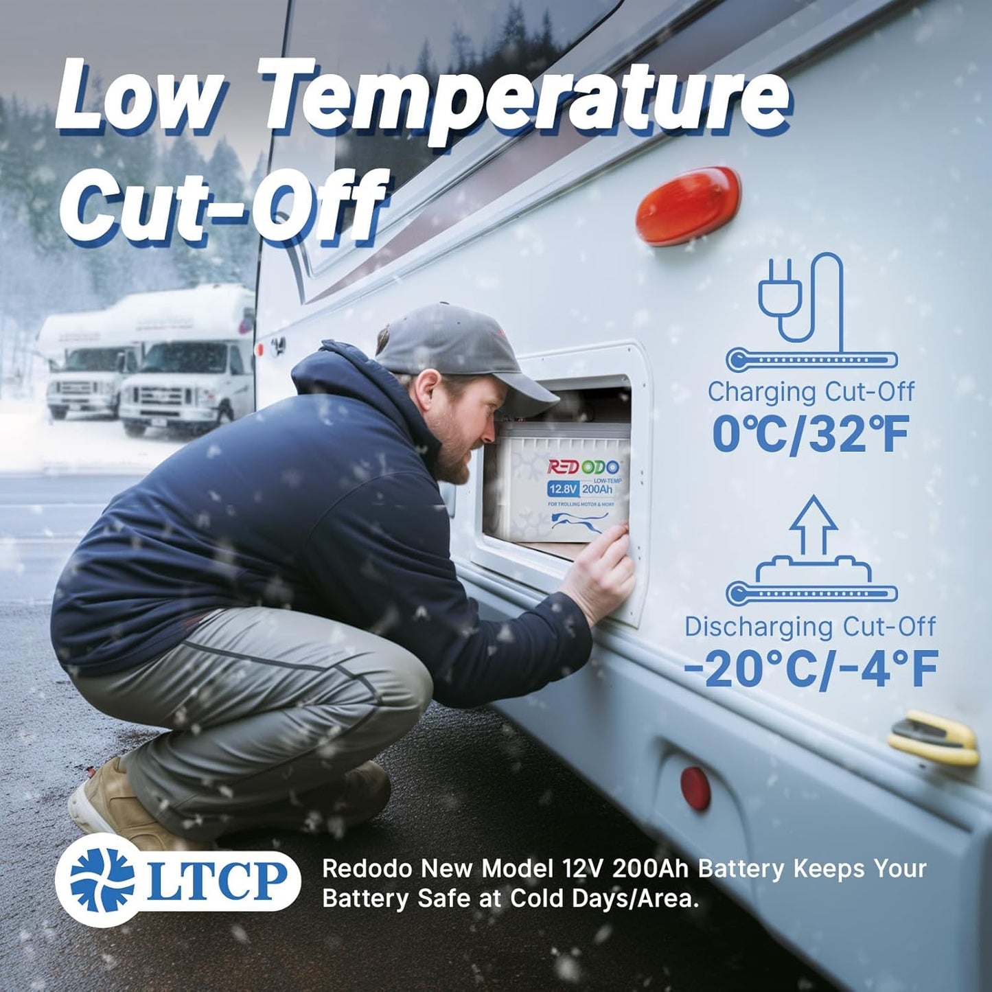 Redodo 12.8V 200AH Low Temp Cutoff LiFePO4 Battery with 100A BMS, Deep Cycle Rechargeable Lithium Battery 1280W 4000+ Cycles, Perfect for Trolling Motor, RV, Solar and Off Grid Applications