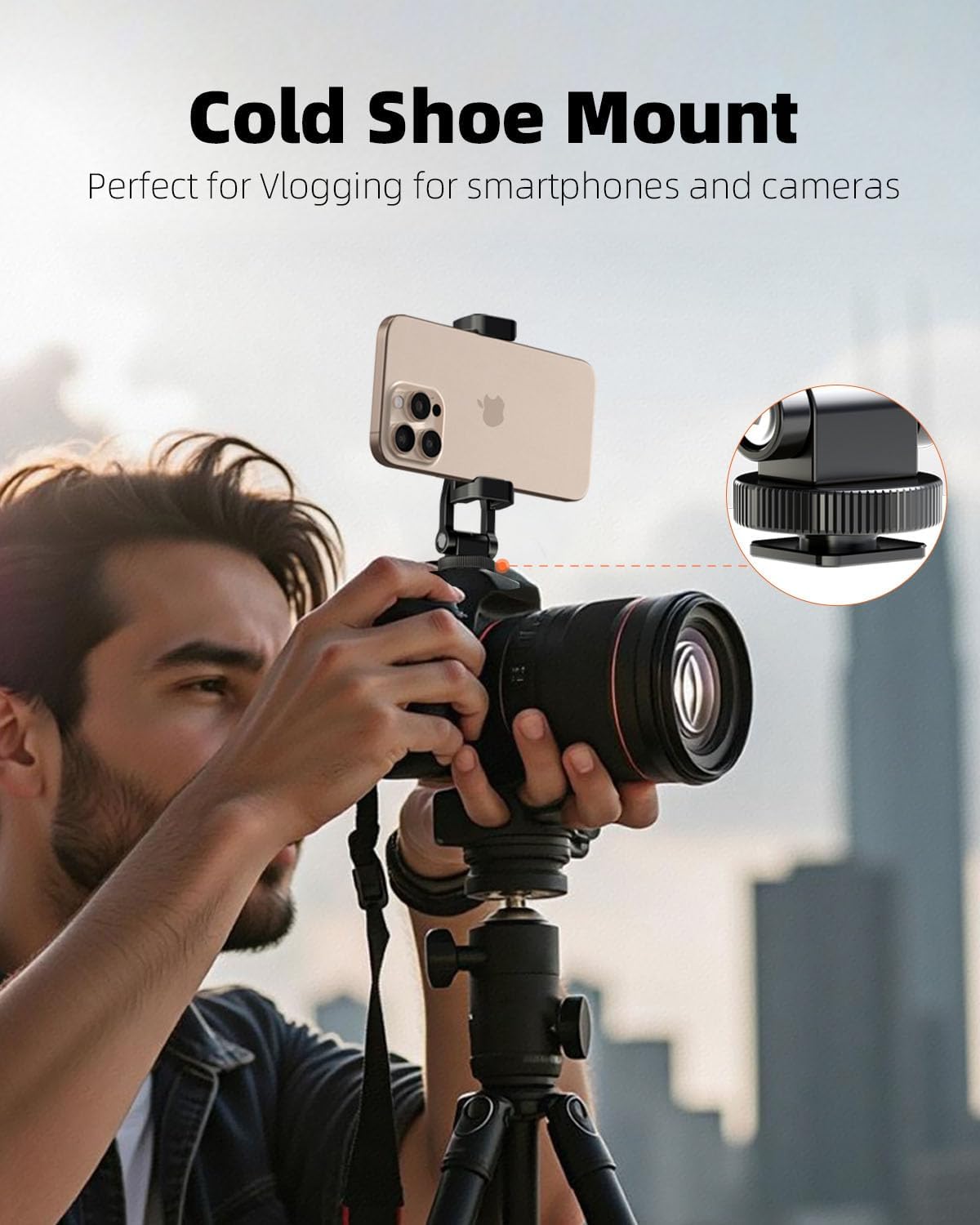 All Metal Phone Tripod Mount, 360° Rotation Tripod Phone Mount with 2 Cold Shoes, Adjustable Cell Phone Mount Adapter with 1/4" Thread, Compatible with iPhone Android Phones, Digital Camera