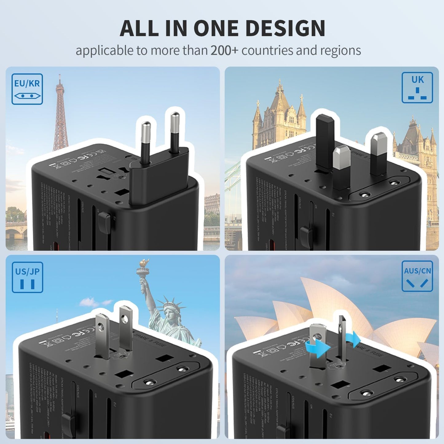 EPICKA Universal Travel Adapter, GaN International Plug Adapter with 3 USB-C 70W PD Fast Charging & 2 USB-A Adaptor All-in-one Wall Charger for USA EU UK AUS (TA-105 Pro, Black)