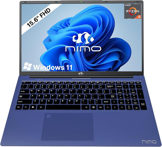 NIMO 15.6 inch Laptop FHD, AMD Ryzen 5 3500U, 8 GB RAM, 256 GB SSD, Windows 11, Backlit Keyboard, Fingerprint Reader, 65W PD, Lightweight Computer for Work and Homeschooling,Deep Blue
