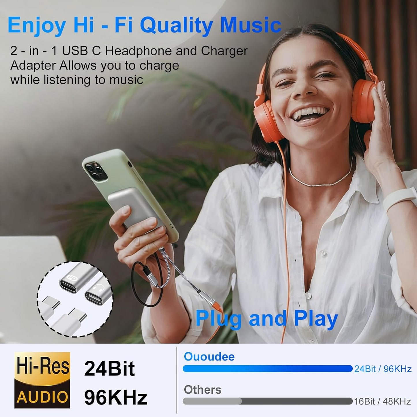 USB C Splitter,Dual USB C Headphone and Charger Adapter for Samsung Galaxy S25 Edge S24 S23 S22 S21 A17 A16 A15 2in1 Type C to Audio Jack Adapter with PD Fast Charging for iPhone 17 16 15 Pro Max 16e