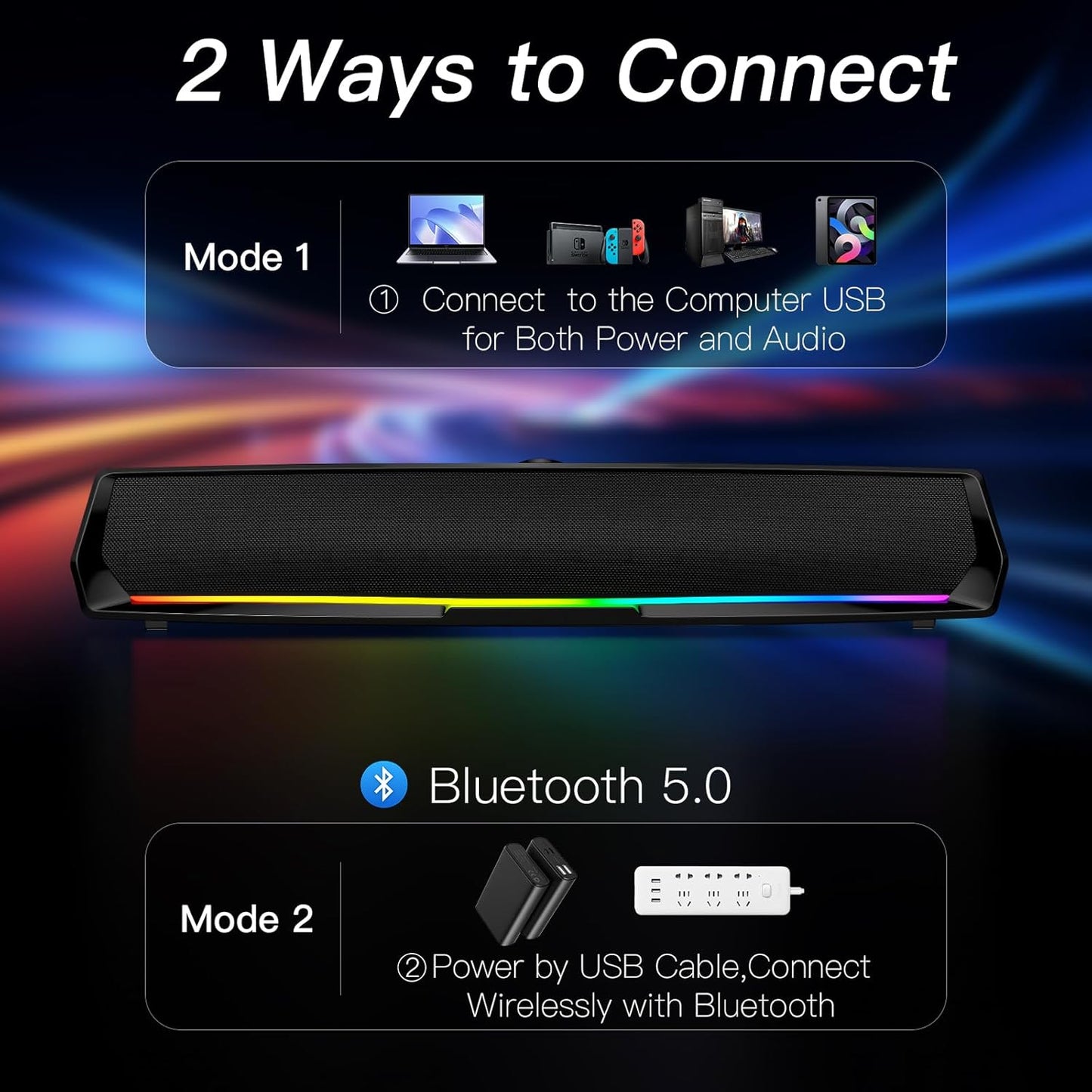 Computer Speakers for Desktop,PC Speakers Gaming Sound bar with Colorful Light,USB Speaker with Bluetooth for PCs Monitor Laptop Tablets,Wired Bluetooth Speaker for Phones(Type-C Adapter Included)