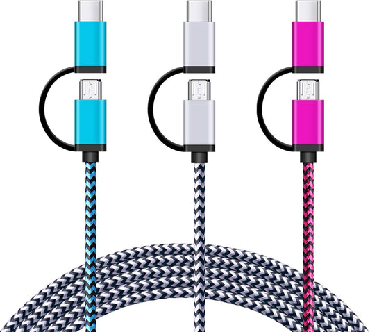 USB C Cable, SIXSIM 3Pack 6Ft 2 in 1 Cable Type C Charger Cable Nylon Braided USB A and Micro USB Cable for iPhone 16/16 Pro/16 Pro Max, Samsung Galaxy S24 S23 Ultra S22 S21 Plus, More Android Devices