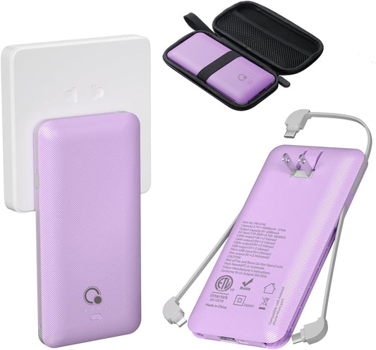 Q 10000mAh Power Bank, Slim Portable Charger,4 Output External Battery Pack with Built-in AC Wall Plug Micro USB C 3 Cables Compatible with iPhone Samsung Android Phone Tablet and More