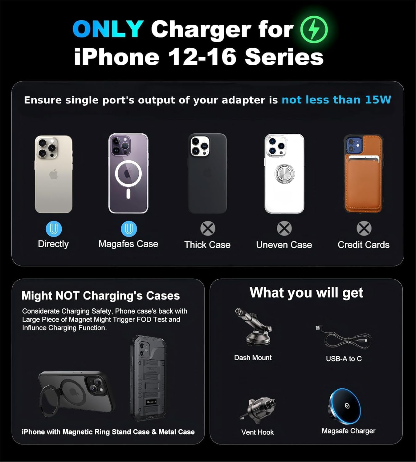 for MagSafe Car Mount Charger Dash/Windshield/Vent Wireless Car Charger with [LED Light], Strong Magnetic Phone Holder for Car for iPhone 16 15 14 13 12 Series, Fit MagSafe Accessories