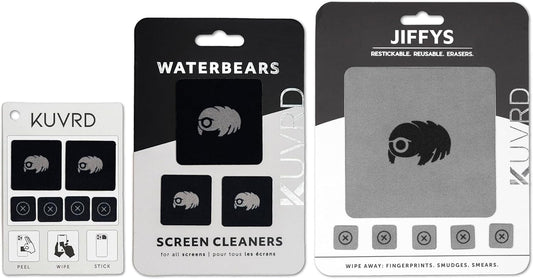 KUVRD Waterbear - Universal Screen Cleaners - Teeny Tiny Cleaning Tools for Your Lenses & Screens, Family Pack (1 Patch Set, 1 Pad Set, 1 Phat Pack Set)