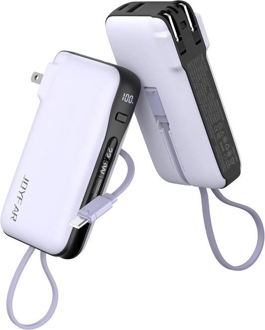 Portable Charger with Built-in USB-C Cable & Plug, 10,000mAh 5V/4.5A Power Bank Fast Charging 22.5W, Travel Essential Battery Pack 3 Output for iPhone 16/15 Series, Samsung Galaxy, iPad, 1 Pack