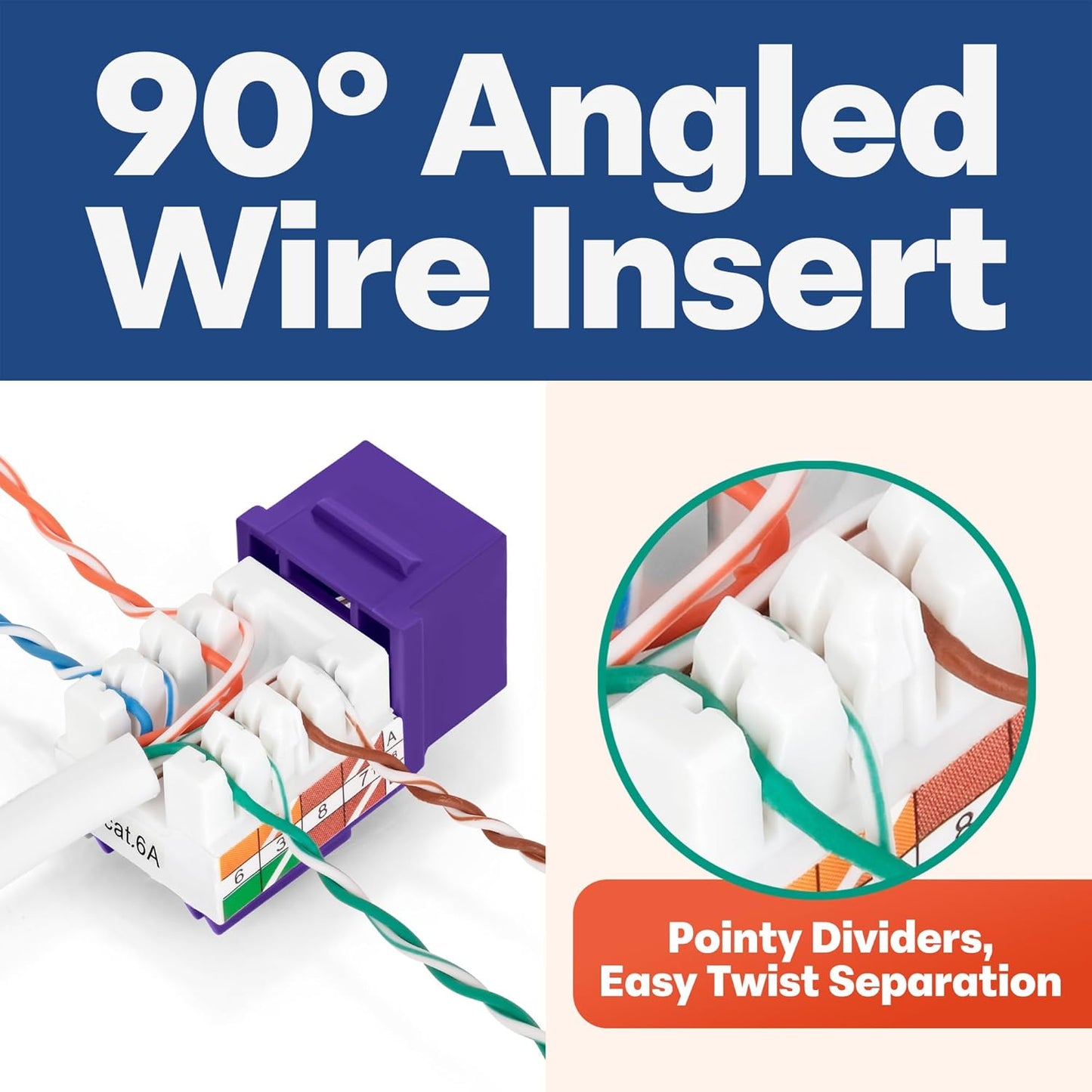 Everest 90° Angled RJ45 Cat6A Keystone Jacks 50-Pack in Purple - Slim Profile Female RJ45 Connectors - Cat 6A Keystone Jack - Compatible with 90° Angled Speed Termination Tool - easyJACK (B094WB91H3)