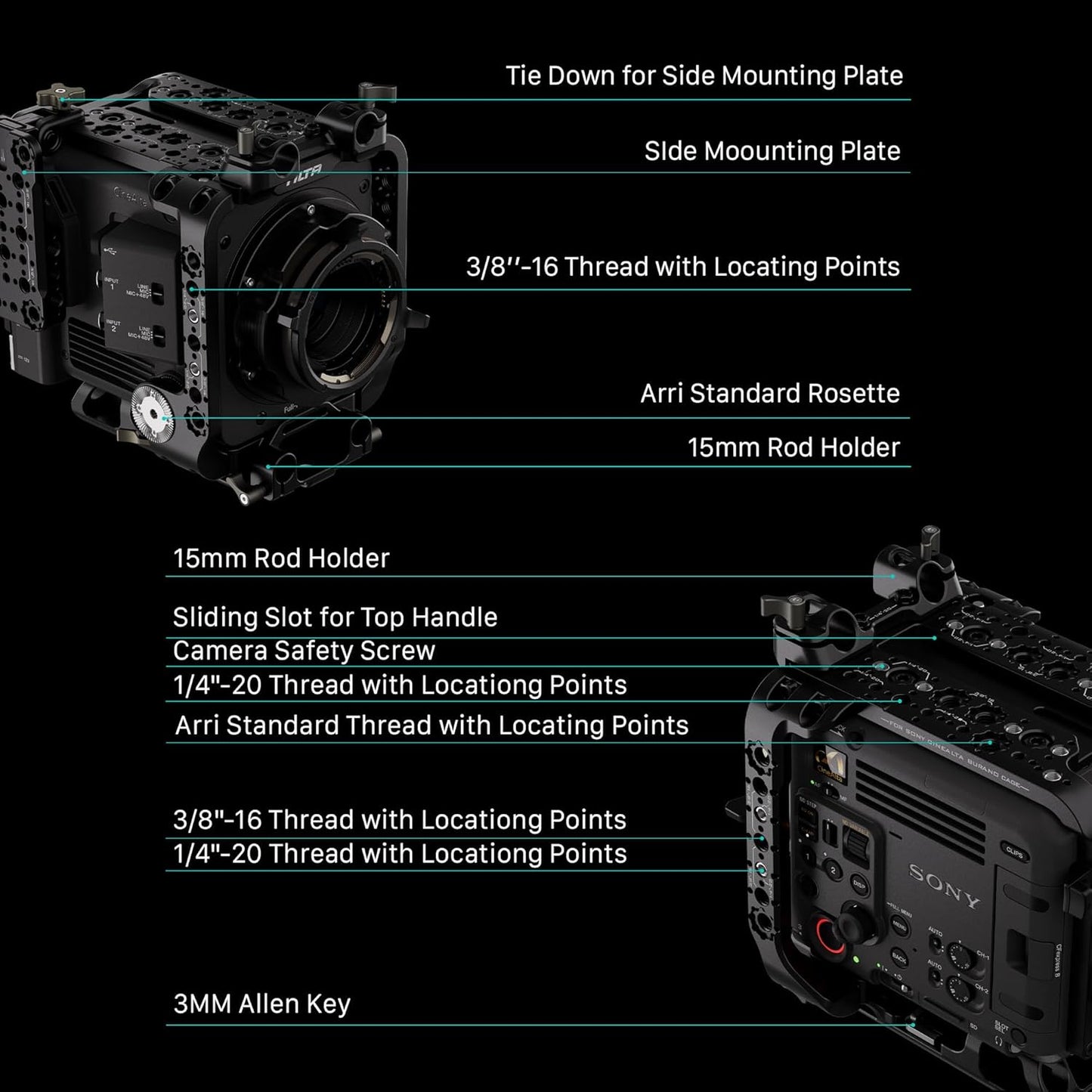 Tilta Camera Cage Compatible with Sony BURANO | Arri Rosettes, 1/4"-20 and 3/8"-16 Threads | w/Top Handle, Left/Right Side Arm, Battery Plate (Advanced Kit - Gold Mount)