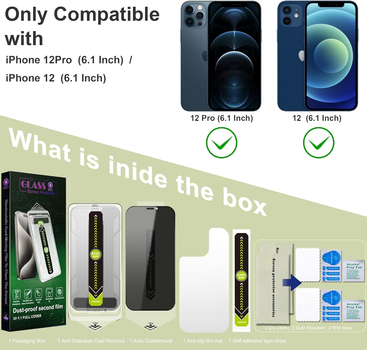 (2-Pack Anti-Spy Privacy Screen Protector for iPhone 12/12 Pro(6.1-Inch),9H Tempered Glass,Full Coverage,Anti-Fingerprint,Auto Dust Removal,Bubble-Free,Easy Installation