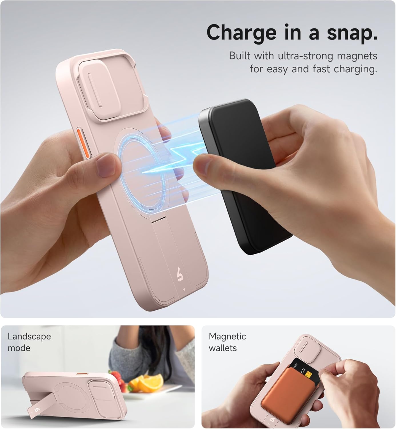 SURITCH for iPhone 12/12 Pro Case with Magnetic Camera Slide Cover and Adjustable Kickstand, Compatible with MagSafe, Shockproof Bumper Case Slim Protective Cover for iPhone 12/12 Pro 6.1 Inch, Pink