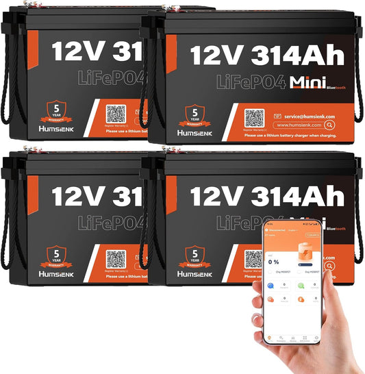 4 PCS Bluetooth 12V 314Ah LiFePO4 Lithium Battery MINI, Max. 4190Wh Energy, EV A+ Cells, Built-in 100A BMS, 15000 Deep Cycles Battery with Low-Temp Protection for RVs, Solar System, Off-Grid