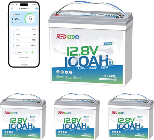 Redodo 12V 100Ah Smart Mini Bluetooth LiFePO4 Battery, Smallest Lithium Battery，Max 1280Wh, 10-Year Lifespan with Up to 15000 Deep Cycles, Upgraded 100A BMS for RV, Marine, Solar, Camping - 4 Pack