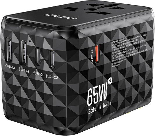 LENCENT 65W GaN International Travel Adapter with 2 USB-A & 3 Type C Ports, Fast Charger for Phones & Laptops, Worldwide Plug Adapter for USA/UK/EU/AUS, Black