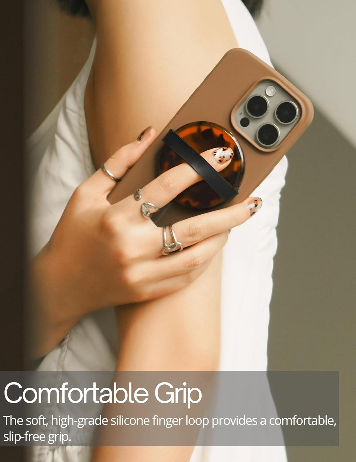 Heesch Magnetic Ring for Phone Case Loopy Brown Phone Grip Strap Holder for Back of Phone Finger Loop Grip for Hand Tortoise Shell Magsafe Grip for iPhone 16 Pro Max/15/14/13/12 Series Mag Safe Case