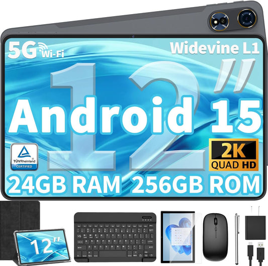 12 Inch Tablet Android 15 Tablets, 2025 Upgraded Android Tablet with Keyboard, 24GB RAM+256GB ROM(1TB Expand), Octa-Core, 2K 2000x1200 Display, 16MP Dual Camera, 8000mAh, 2.4G/5G WiFi, GPS (Black)